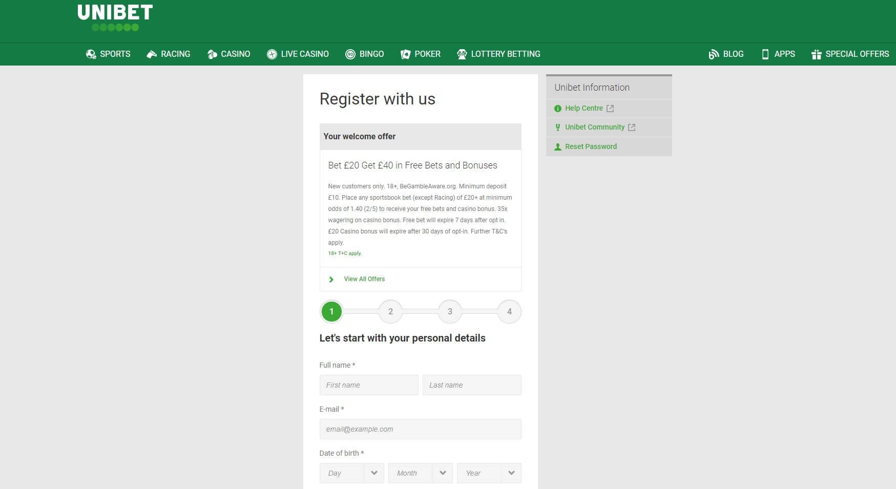 'Showing how to register on UNIBET website