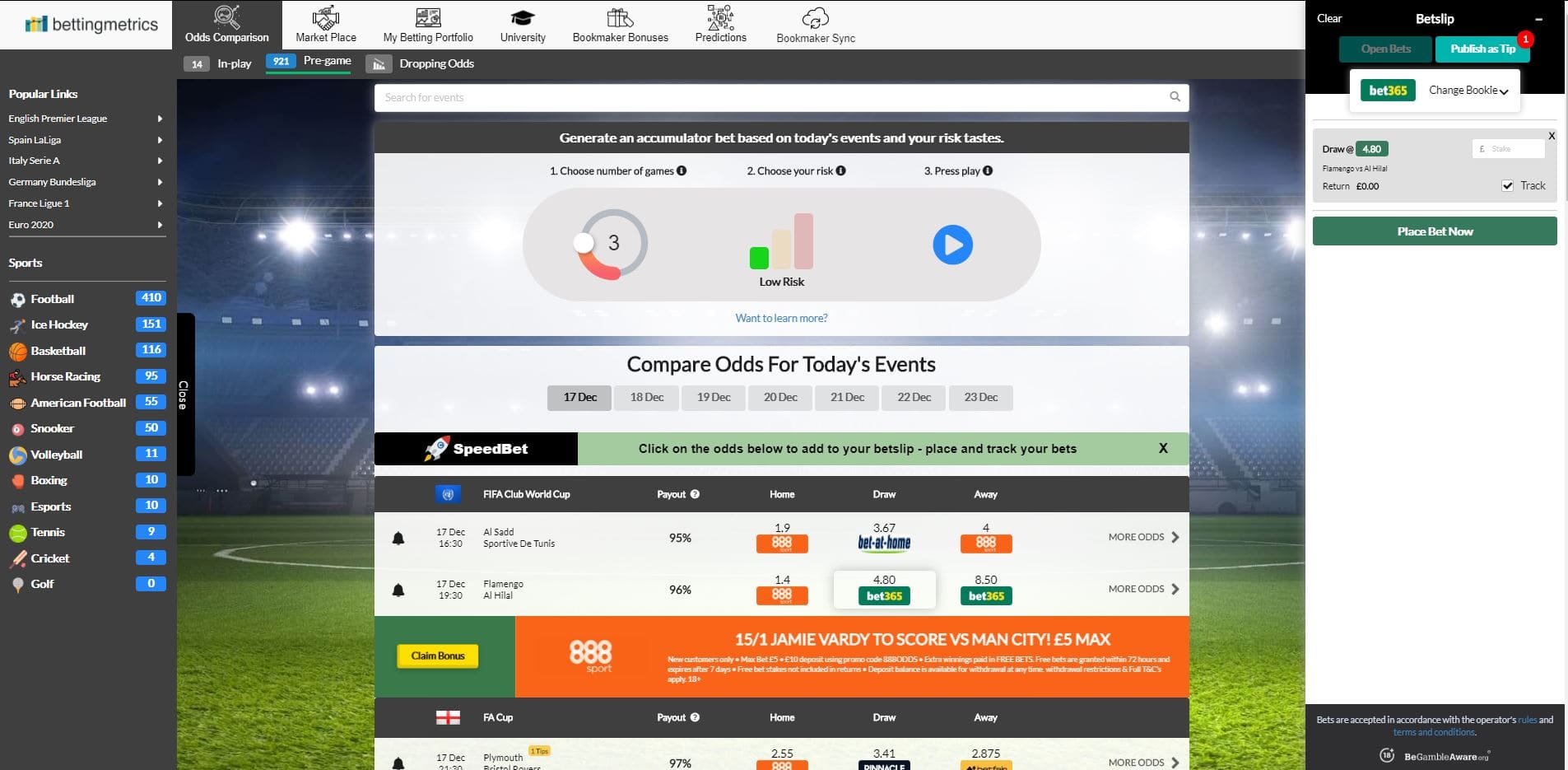 Track automatically all bets placed from Betting.com odds comparison