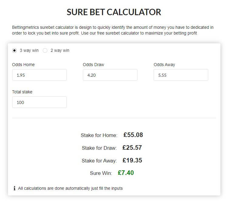 Exemplo de como calcular os seus ganhos através da calculadora de apostas seguras