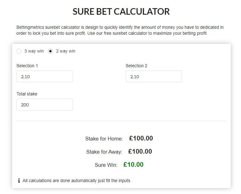 Example of using sure bet calculator